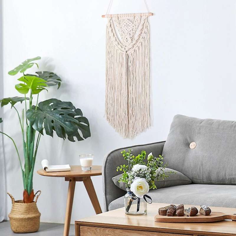 Macrame Boho Wall Hanging Decor, Bohemian Art with Long Tassel, Beige