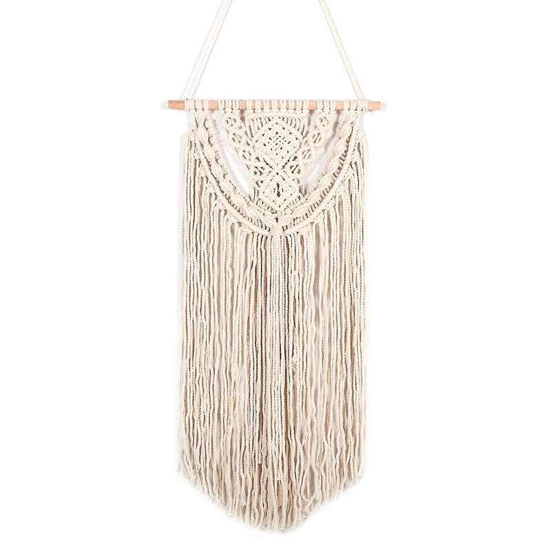 Macrame Boho Wall Hanging Decor, Bohemian Art with Long Tassel, Beige