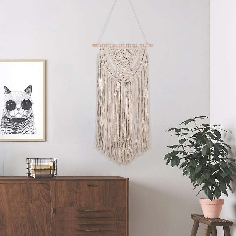 Macrame Boho Wall Hanging Decor, Bohemian Art with Long Tassel, Beige