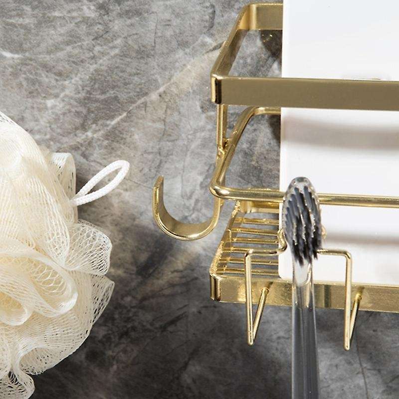 Golden Toothbrush Holder with Hook Free Punching Bathroom Shelf