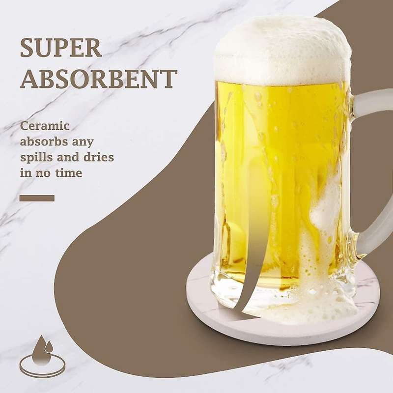 Coasters for Drinks, Ceramic Stone Coaster Set with Metal White