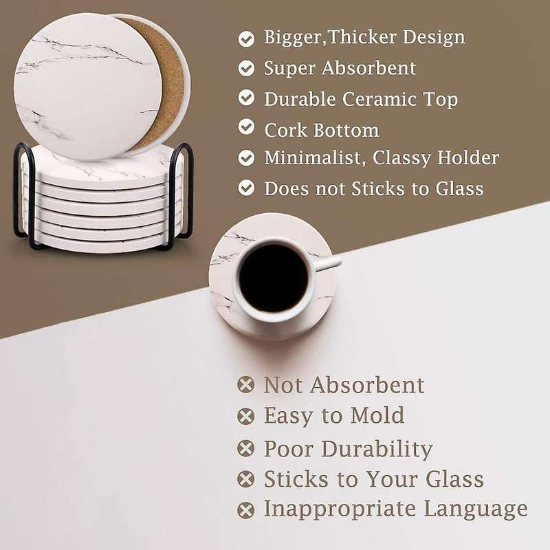 Coasters for Drinks, Ceramic Stone Coaster Set with Metal White