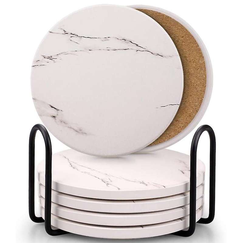 Coasters for Drinks, Ceramic Stone Coaster Set with Metal White