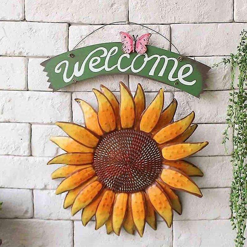 Metal Sunflower Outside Hand-painted Welcome Plaque for Front Door