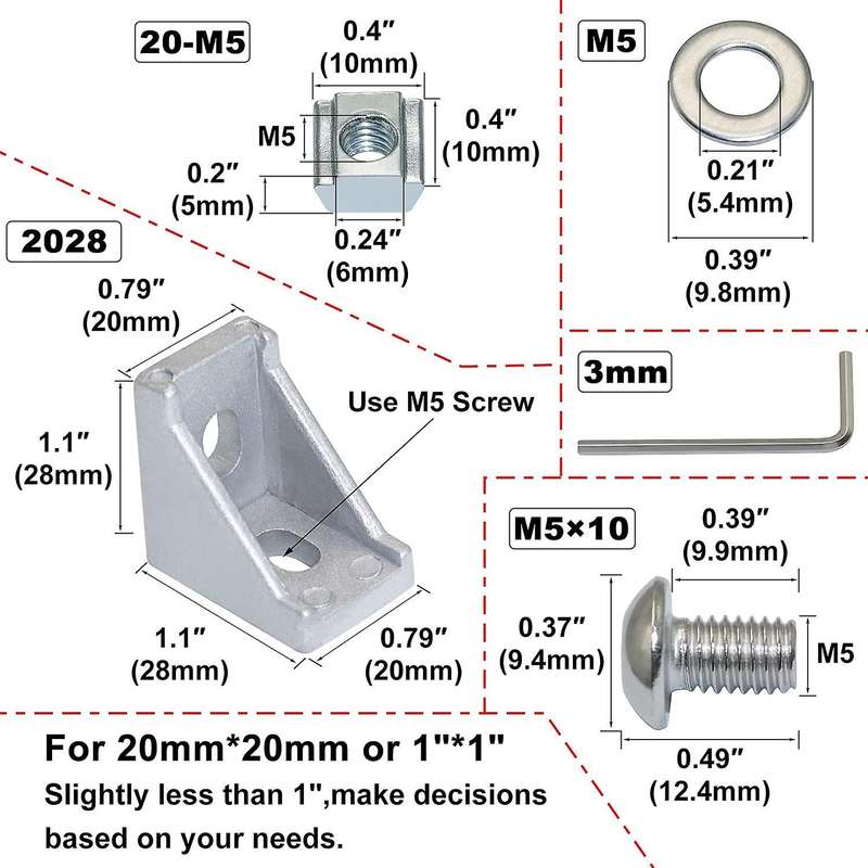 20sets Corner Bracket Kit Sliding Nuts Washers for Slot 6mm 20s