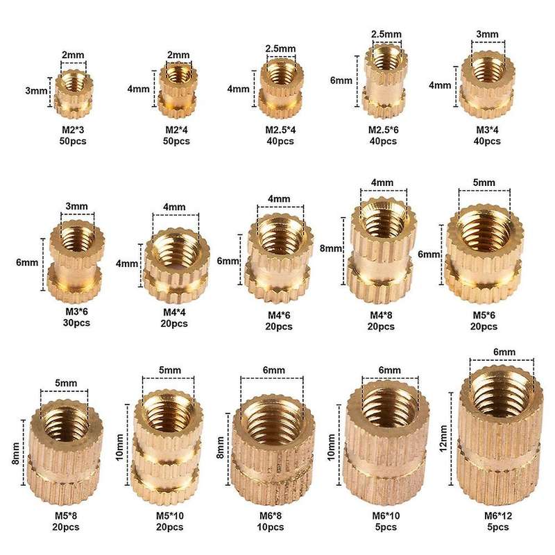380pcs Thread Inserts M2 M2.5 M3 M4 M5 M6 Metric Female Brass Kit