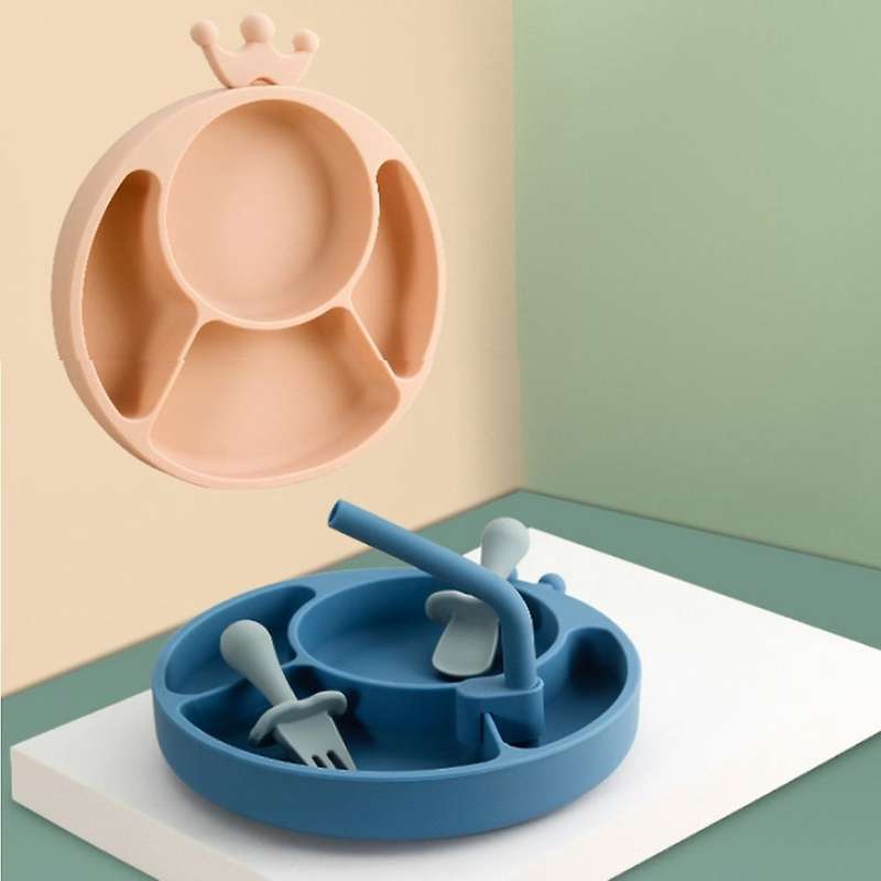 Baby Feeding Set,silicone Divided Plate with Suction,spoon,fork Set 3