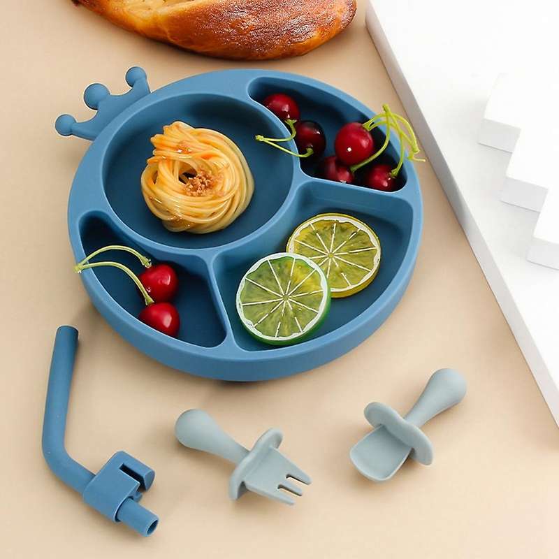 Baby Feeding Set,silicone Divided Plate with Suction,spoon,fork Set 3