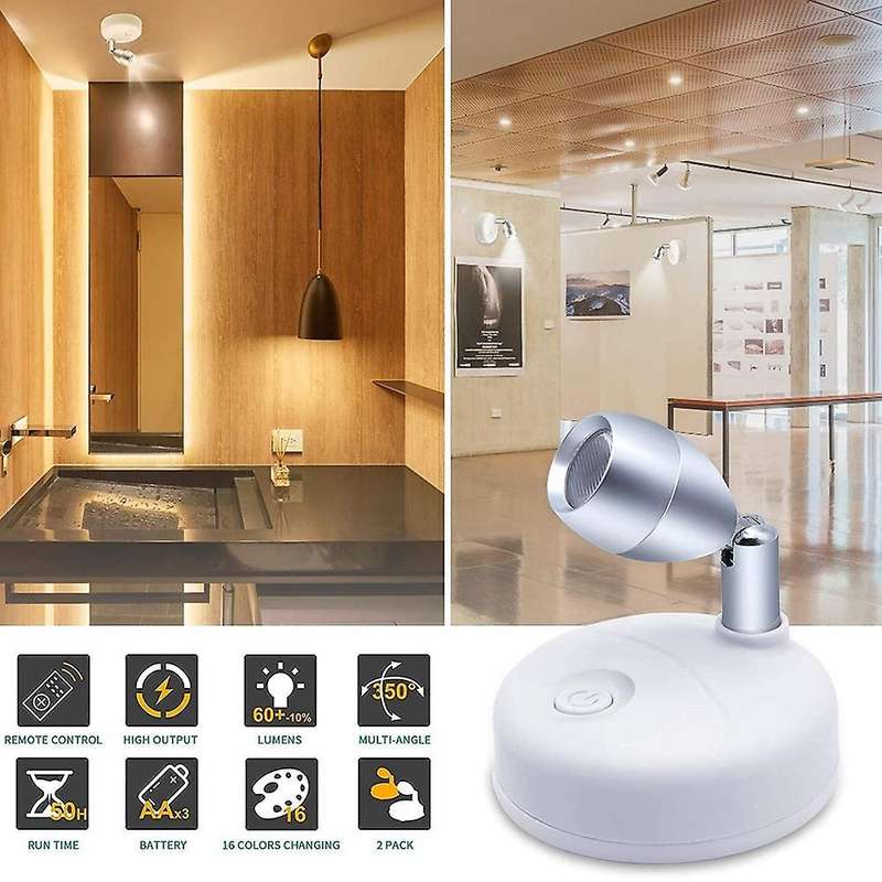 Rgb Wireless Battery Operated Lights,with Remote Rotatable Head,2pack