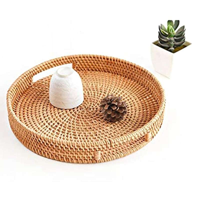 Round Rattan Serving Tray Decorative for Coffee Table Natural(small)