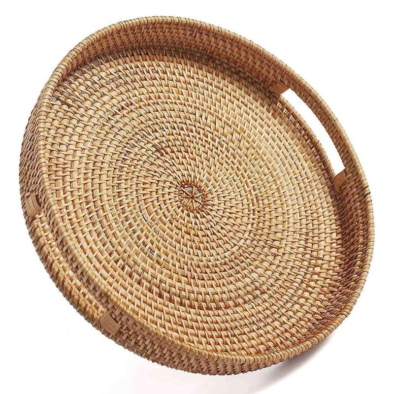 Round Rattan Serving Tray Decorative for Coffee Table Natural(small)