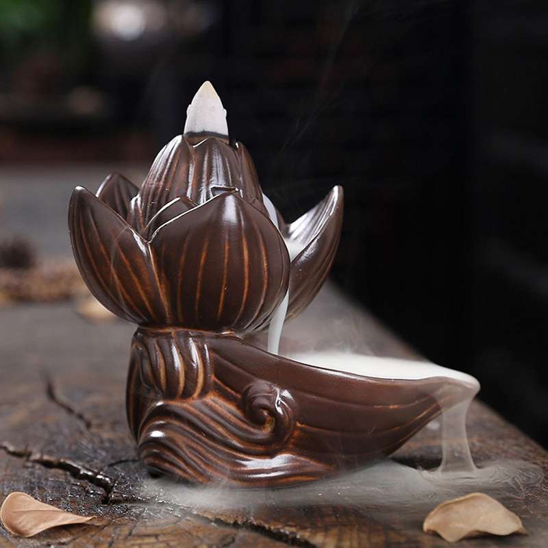 Backflow Incense Burner Ceramic Holder Lotus Home Office Decoration