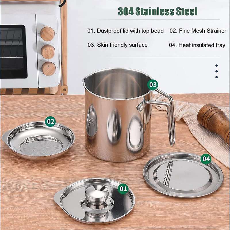 Bacon Grease Container with Strainer,1.3l Stainless Steel Strainer