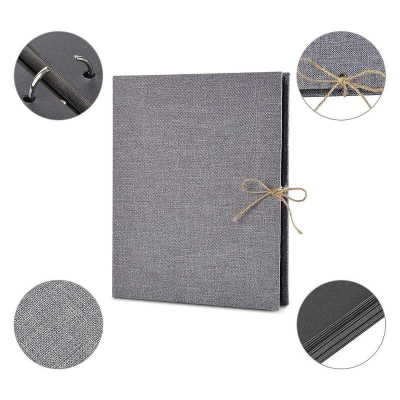 Photo Album Scrapbook, Linen Refillable, Vintage Black Pages, Gray