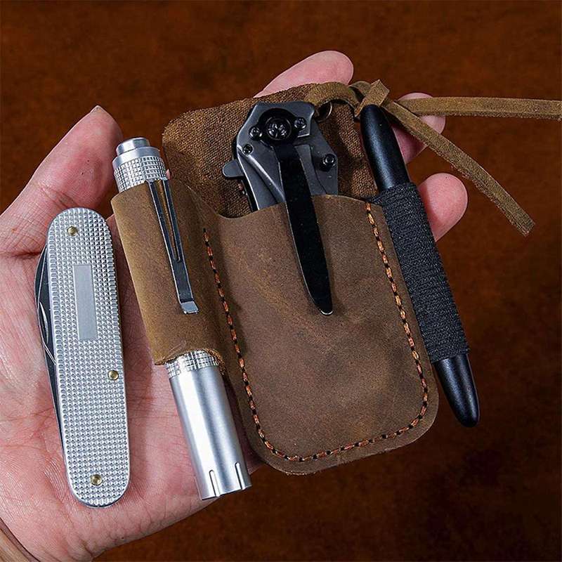 Handmade Leather Sheath Folding Knife Flashlight Holder Brown