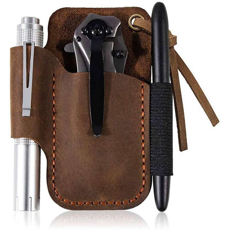 Handmade Leather Sheath Folding Knife Flashlight Holder Brown