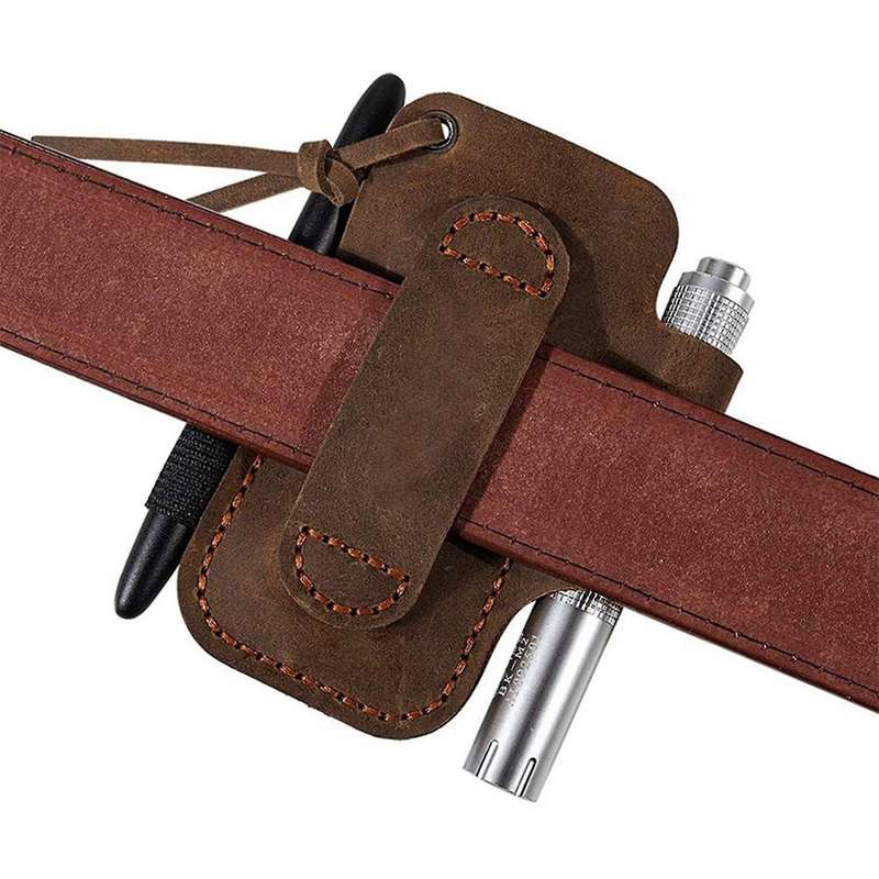Handmade Leather Sheath Folding Knife Flashlight Holder Brown
