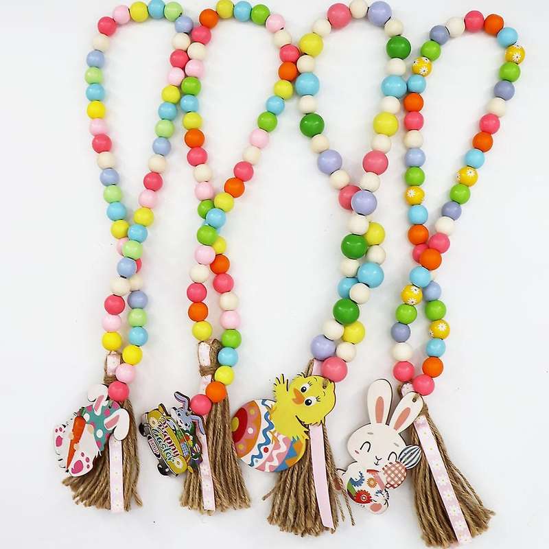 4 Pieces Easter Wood Bead Garland with Tassels Farmhouse Rustic