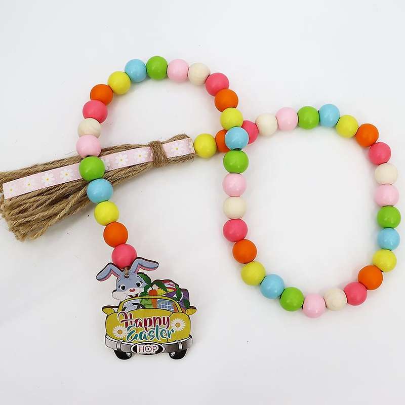 4 Pieces Easter Wood Bead Garland with Tassels Farmhouse Rustic