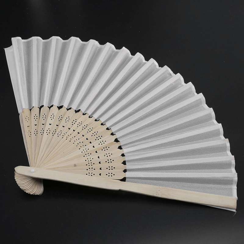 10 Pcs 21cm White Color Fabric Hand Fan, Silk Hand Fan Wedding Party