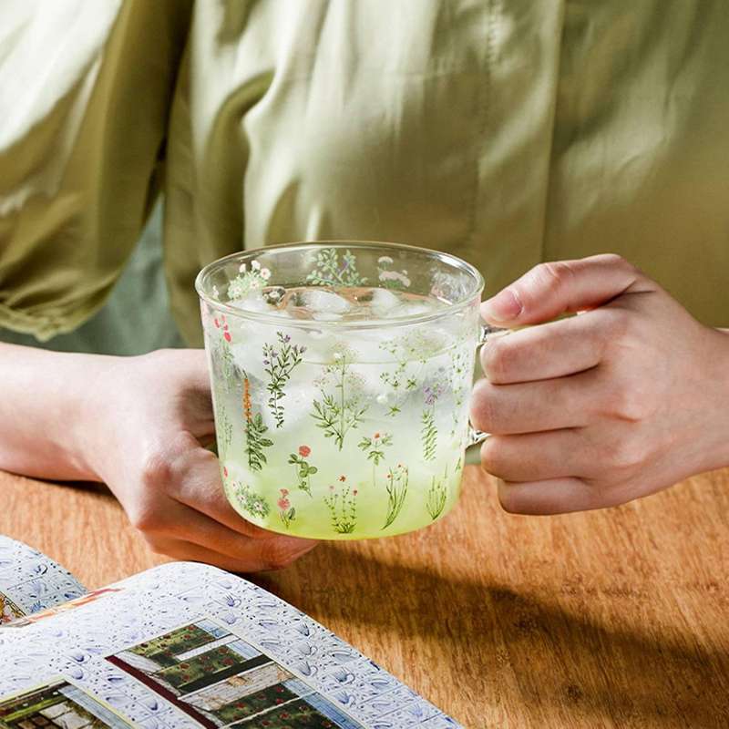 Grass Pattern Borosilicate Glass Milk Coffee Cup Drinkware Gift A