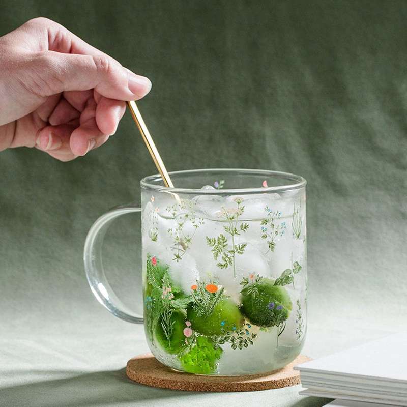 Grass Pattern Borosilicate Glass Milk Coffee Cup Drinkware Gift A