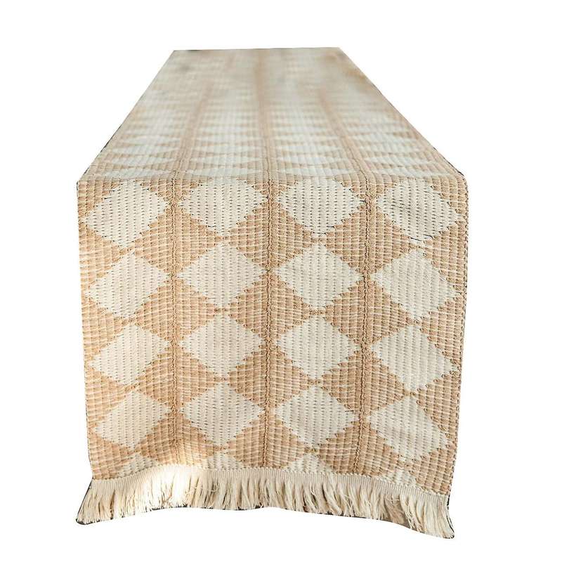 Table Runner Farmhouse Rustic Handmade Woven Tassels(khaki)