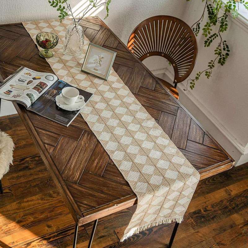 Table Runner Farmhouse Rustic Handmade Woven Tassels(khaki)