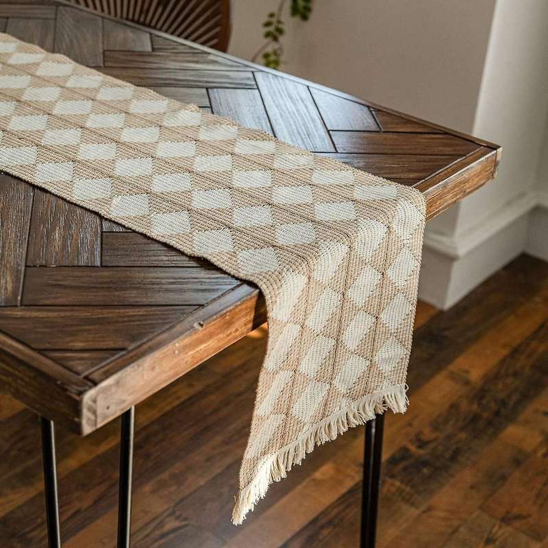 Table Runner Farmhouse Rustic Handmade Woven Tassels(khaki)