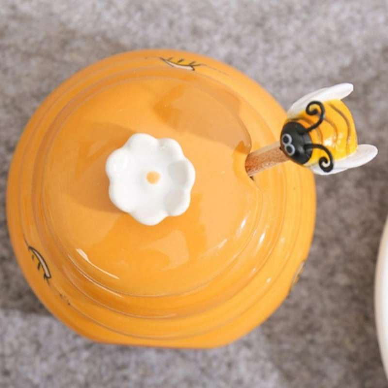 Ceramic Beehive Honey Pot and Wooden Dipper Honey Jar with Lid Honey
