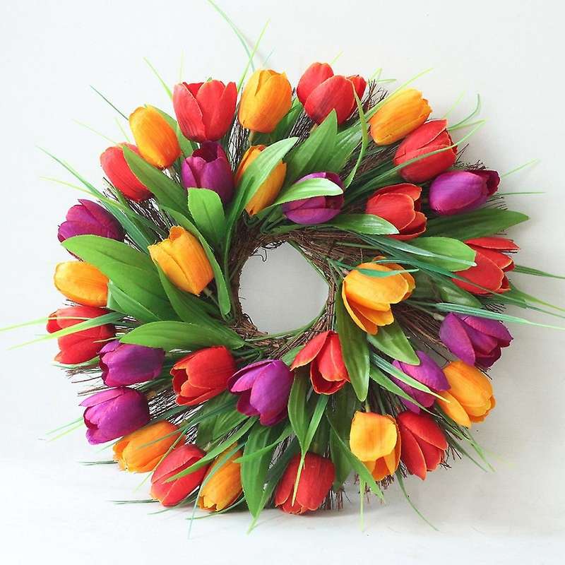 Artificial Tulip Wreath with Green Leaves Spring Wreath for Front