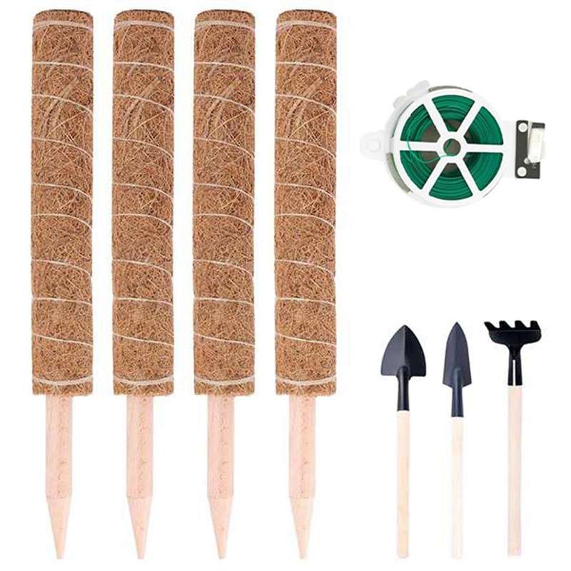 4 Pack Coir Totem Poles with Gardening Tool Set&98.4 Feet Garden Ties