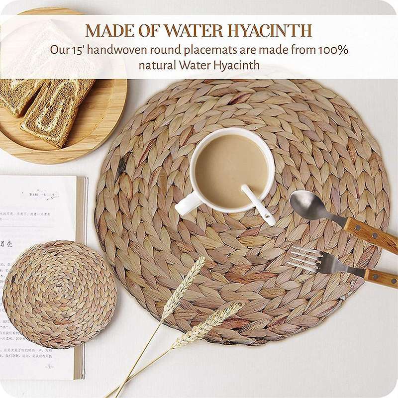 Round Woven Natural Water Hyacinth Straw Braided Placemats, Set Of 4