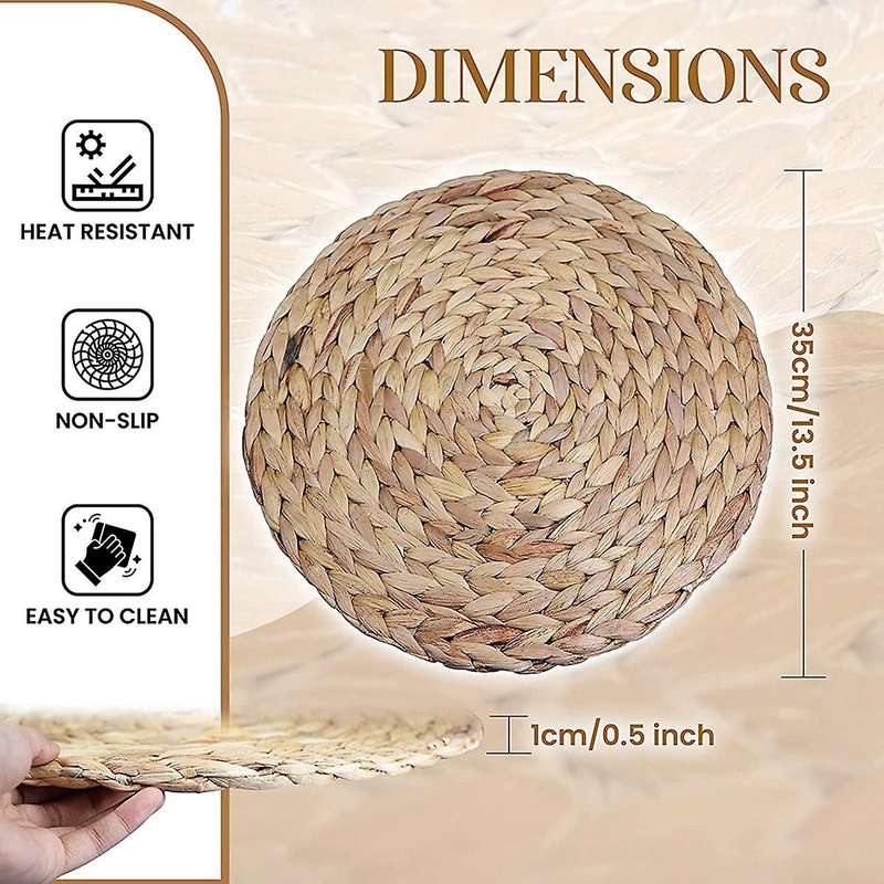 Round Woven Natural Water Hyacinth Straw Braided Placemats, Set Of 4
