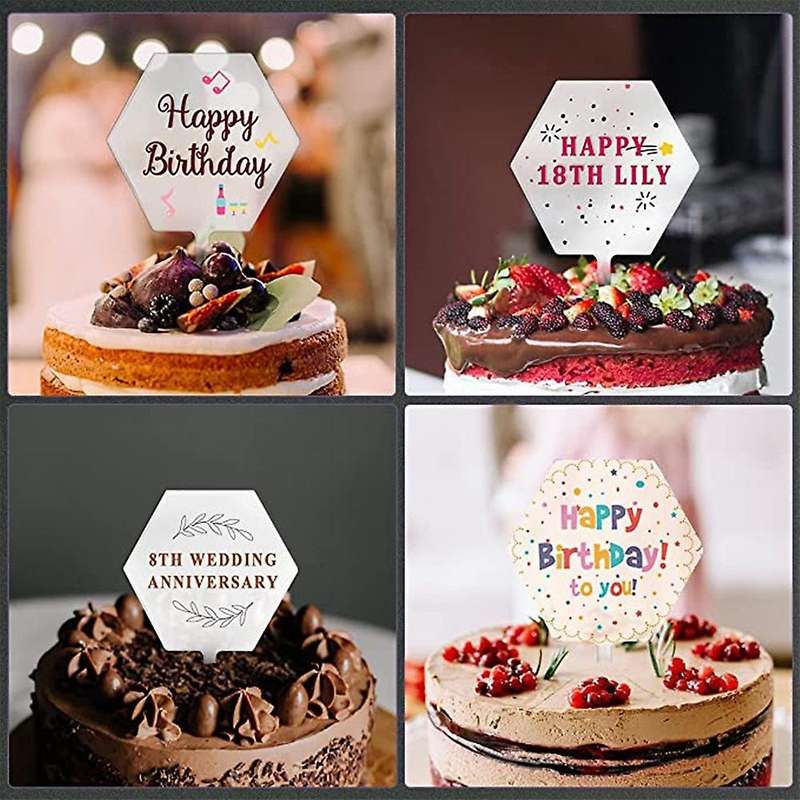 20pcs Diy Hexagon Acryliccake Topper Happy Birthday No Texts Blank