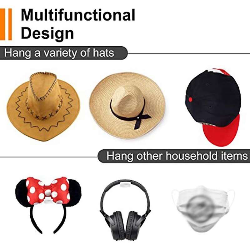 Black Adhesive Hat Hooks for Wall (18-pcs) - Strong Hold for Closet