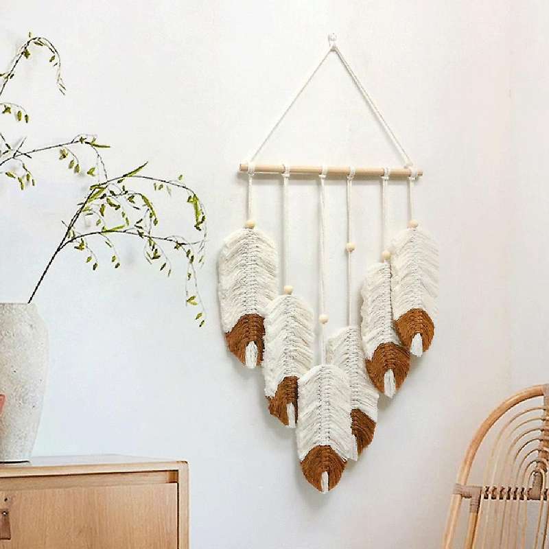 Weave Tapestry Leaf Tassel Living Room Decor Wall Tapestry,khaki