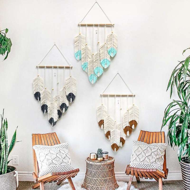 Weave Tapestry Leaf Tassel Living Room Decor Wall Tapestry,light Blue