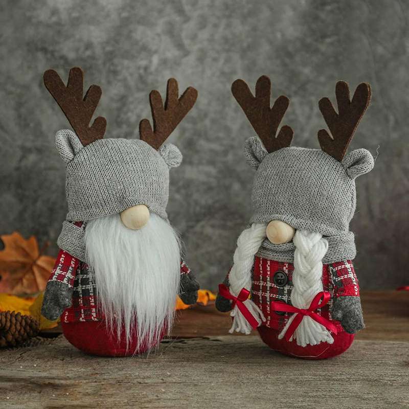 2 Pcs Antlers Elk Dwarf Gnome Doll Plush Toys for Home Table Gifts