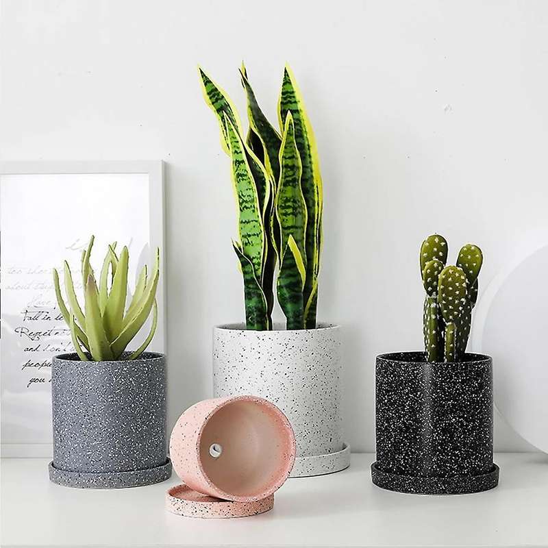 Ceramic Flower Pot with Tray Storage Container Plant Flowerpot Black