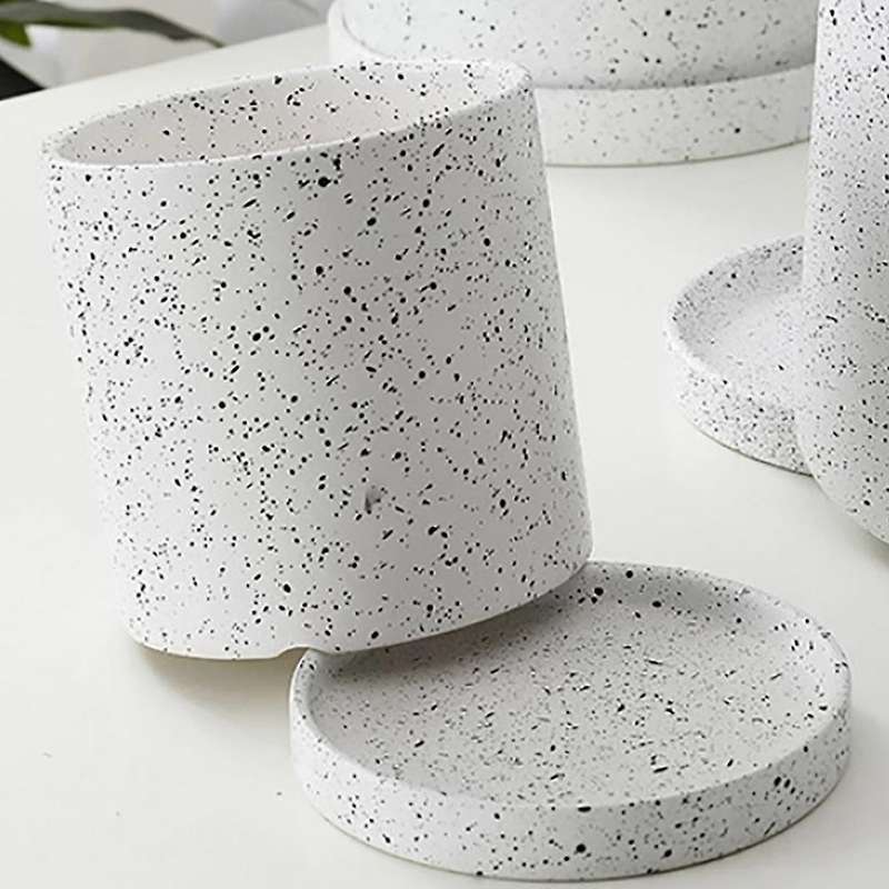 Ceramic Flower Pot with Tray Storage Container Plant Flowerpot Black