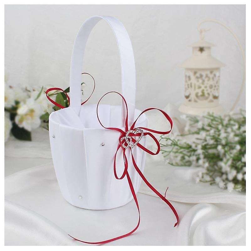 3x Double Heart Basket White Satin Rhinestone Decor Red Wedding Party