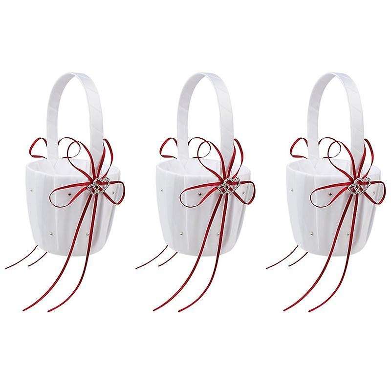 3x Double Heart Basket White Satin Rhinestone Decor Red Wedding Party