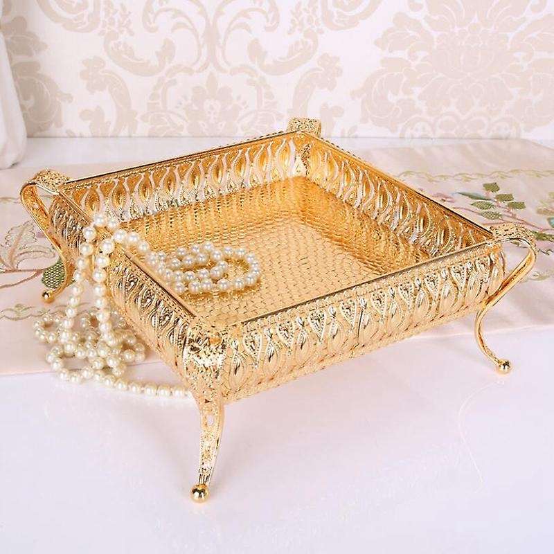 Vintage Fruit Plate Table Snack Iron Storage Box Square Tray Gold
