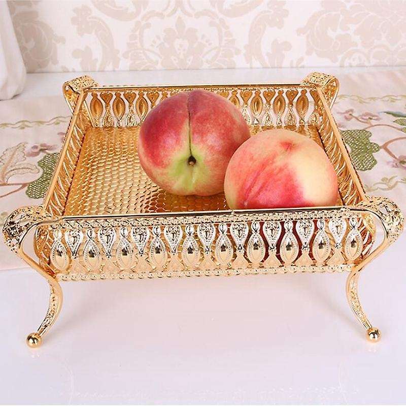 Vintage Fruit Plate Table Snack Iron Storage Box Square Tray Gold