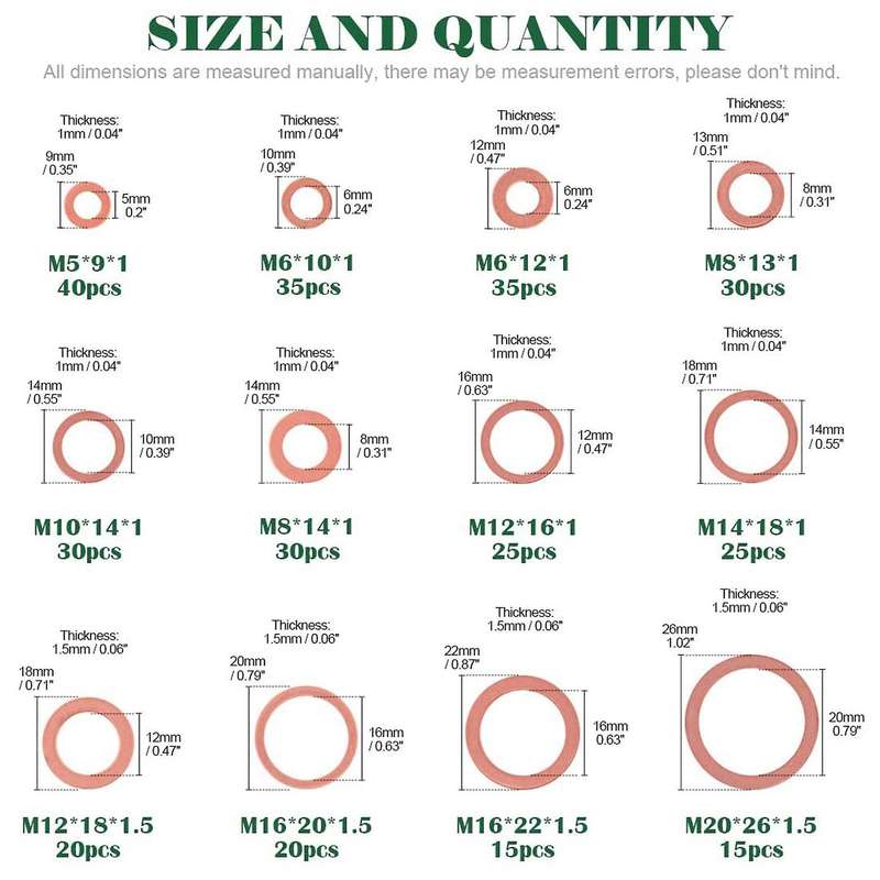Copper Washers, 320pcs 12 Sizes, Copper Metric Sealing Washers Kit