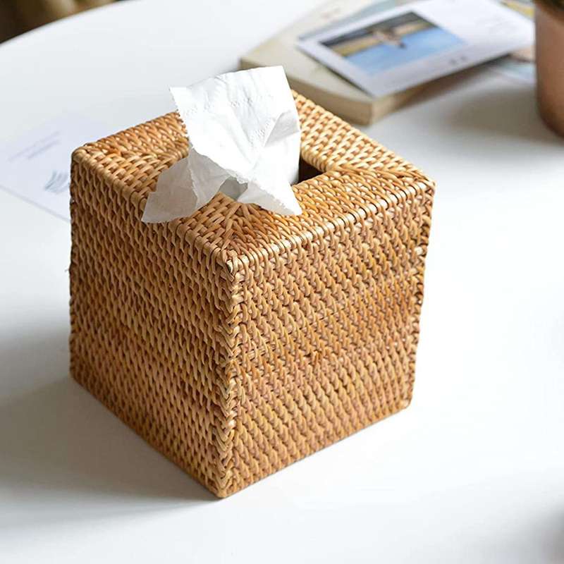 Square Rattan Tissue Box Cover, 5.7 X 5.7 X 5.7 Inches, Wood Color