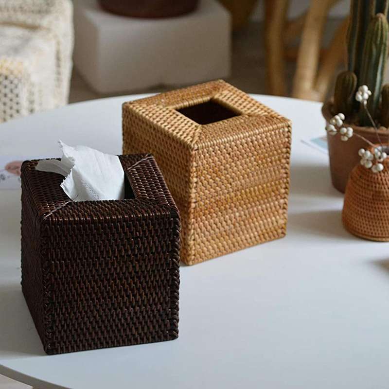 Square Rattan Tissue Box Cover, 5.7 X 5.7 X 5.7 Inches, Wood Color