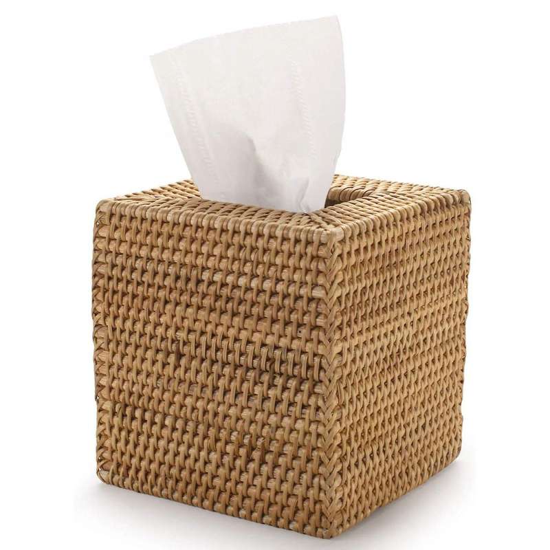Square Rattan Tissue Box Cover, 5.7 X 5.7 X 5.7 Inches, Wood Color