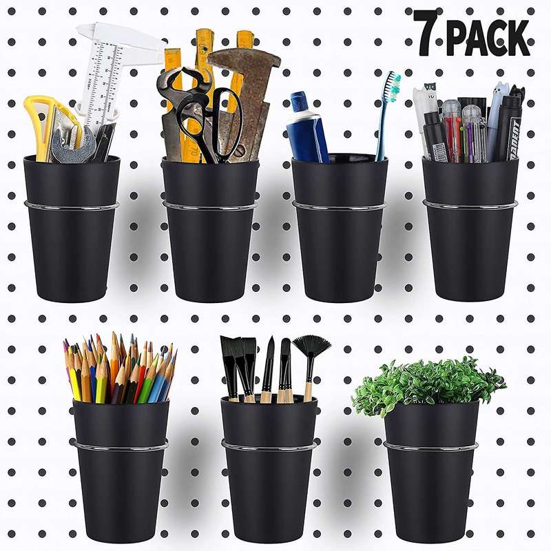 7 Sets Pegboard Hooks with Pegboard Cups Ring Style Pegboard Black